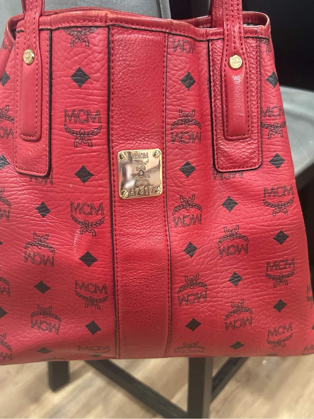 MCM Red Logo-Print Leather Tote